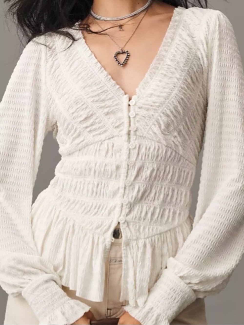 Anthropologie Long-Sleeve Smocked V-Neck Top